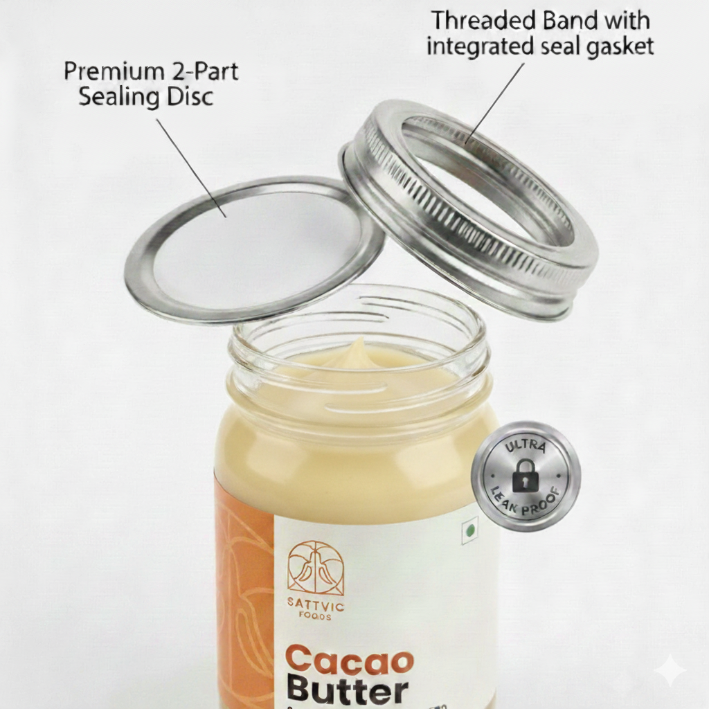 Jar of cacao butter with labeled components on a white background