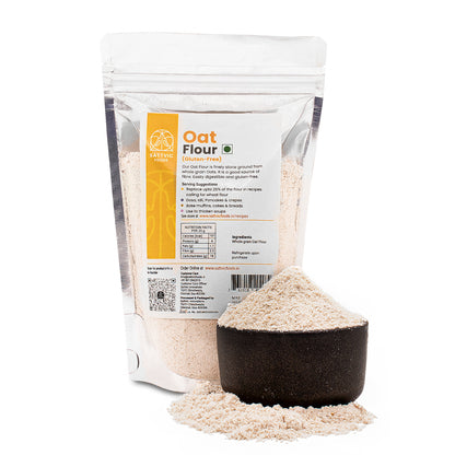 Sattvic foods oat flour in a packet with a bowl besides it