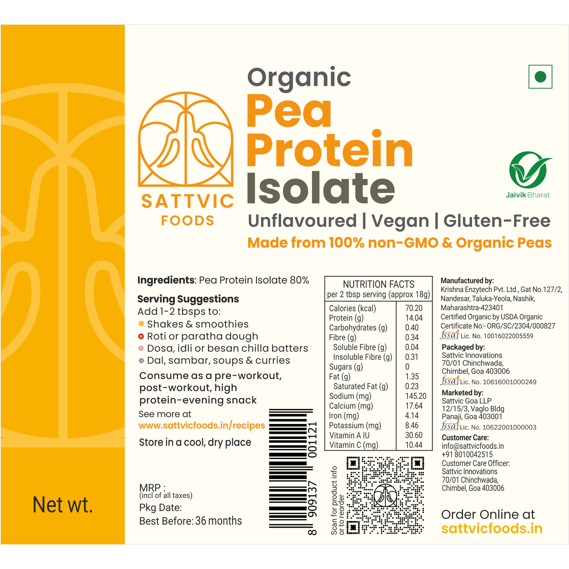 Sattvic Foods Organic Pea Protein Isolate label 