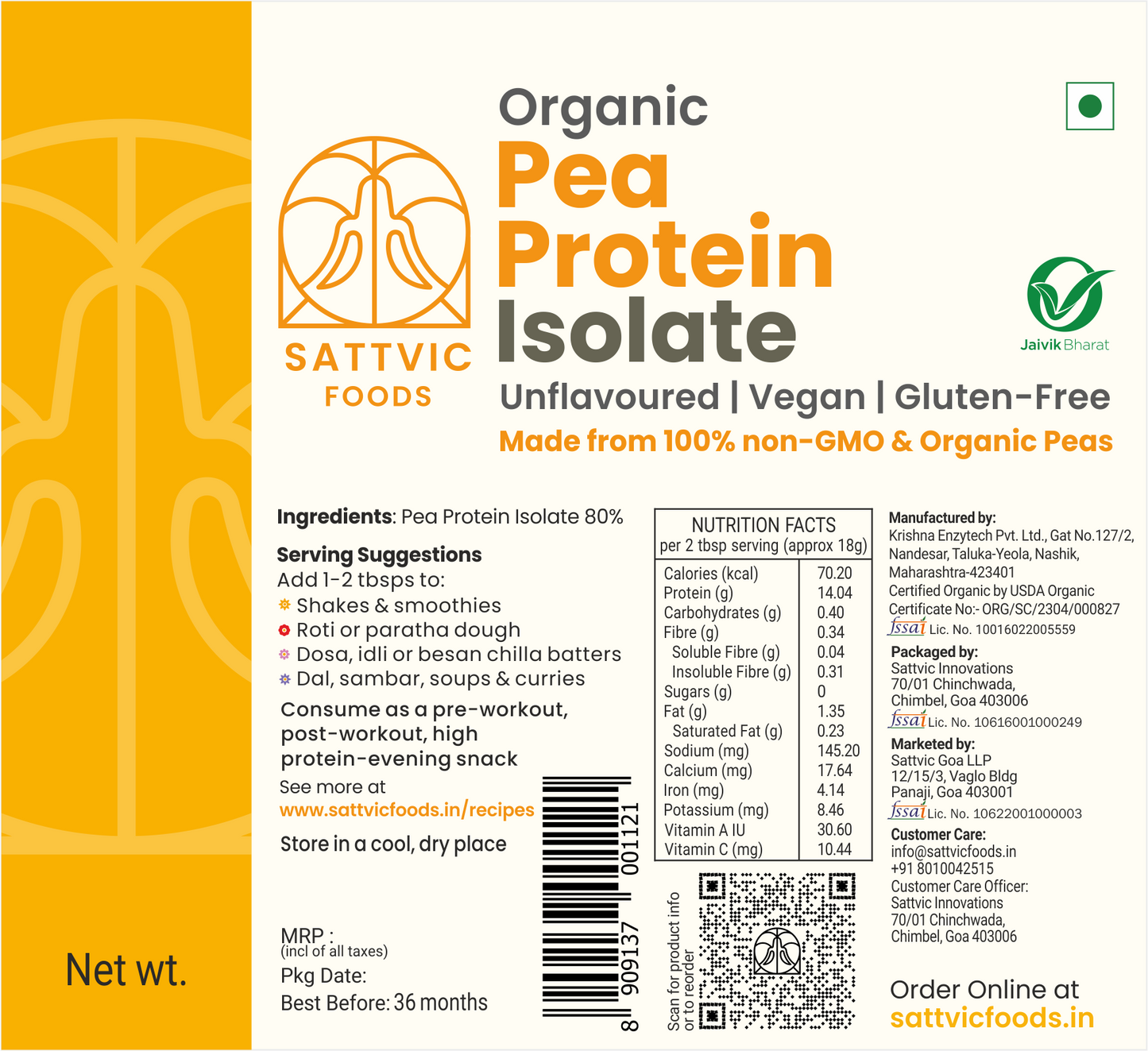 Sattvic Foods Organic Pea Protein Isolate label 