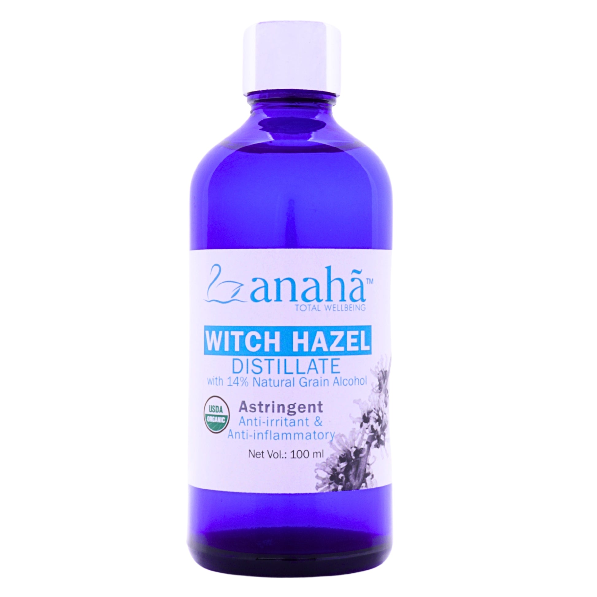 Witch Hazel Distillate | Certified Organic Pure & Natural Toner and Astringent |  Glass Bottle Anaha