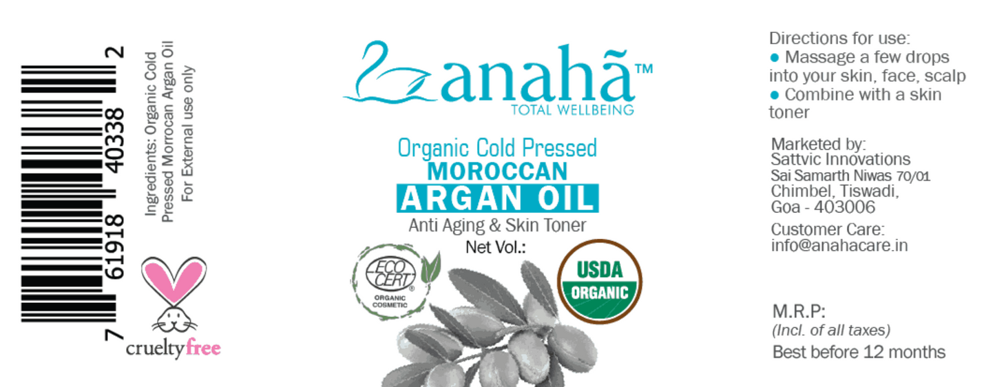 Argan Oil - Cold Pressed Organic Moroccan (Anti Aging & Skin toner) Anaha