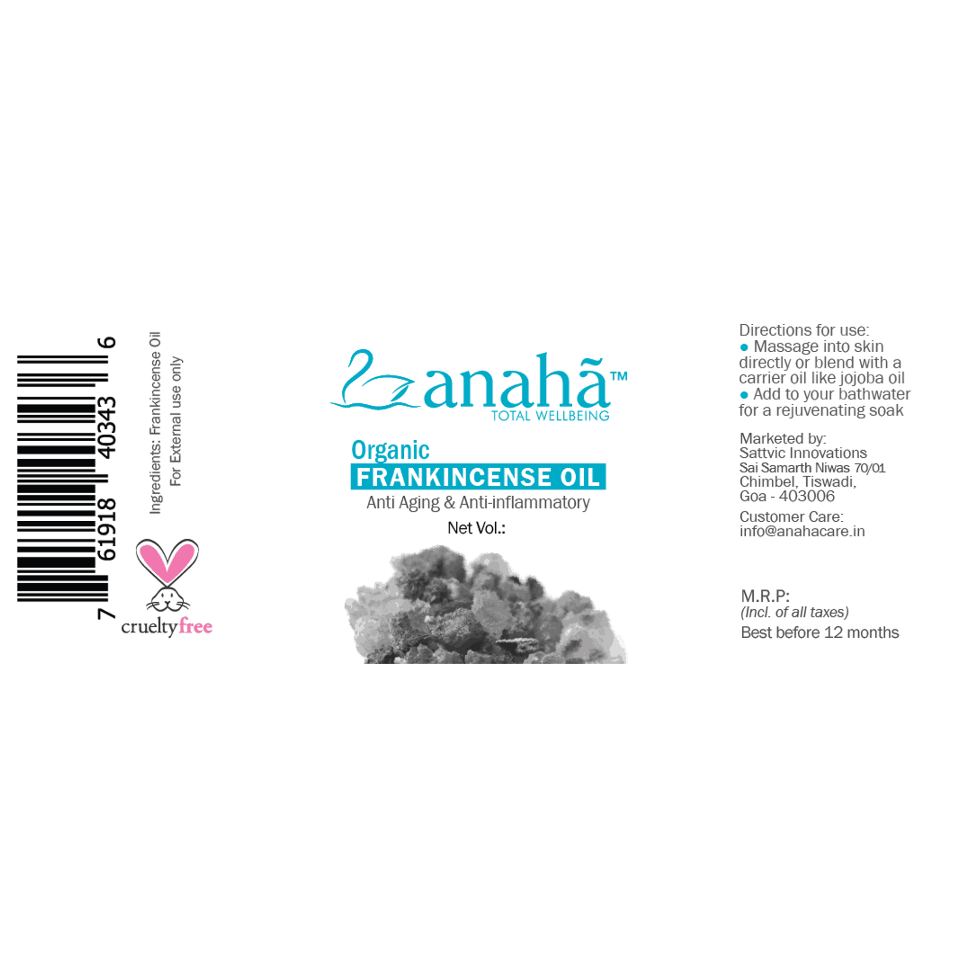 Label of Anaha frankincense oil with directions on how to use