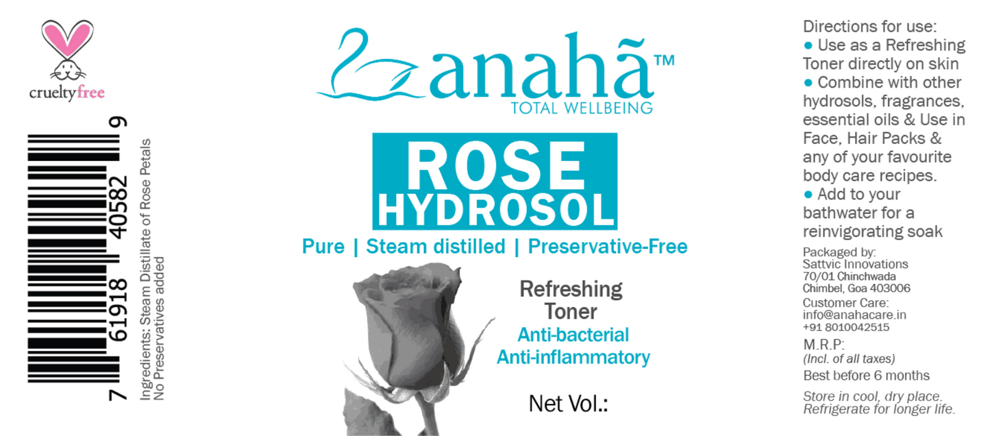 Anaha Rose Hydrosol |  Steam distilled, Pure, Natural, Preservative-Free Floral Rose Water Anaha