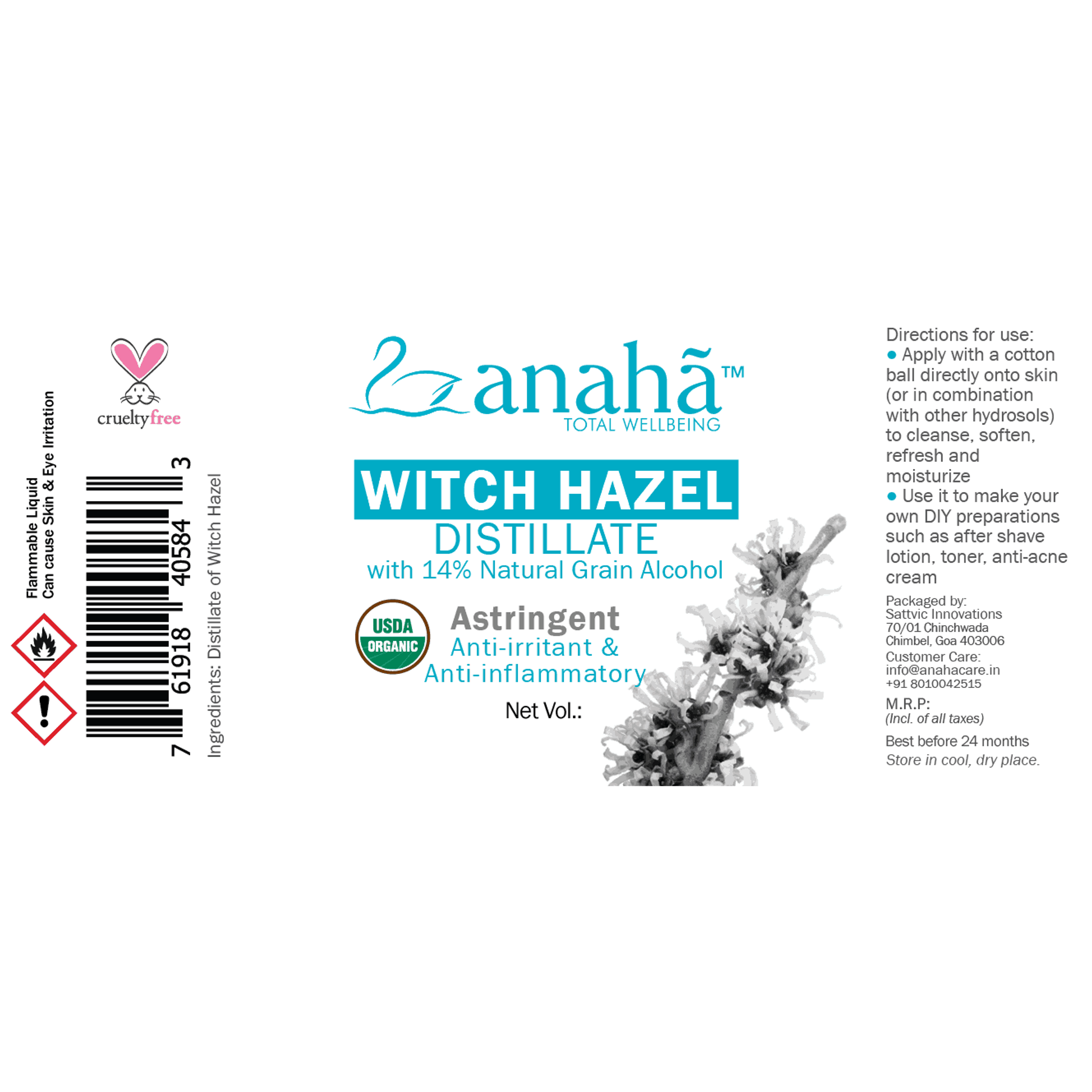Witch Hazel Distillate | Certified Organic Pure & Natural Toner and Astringent |  Glass Bottle Anaha