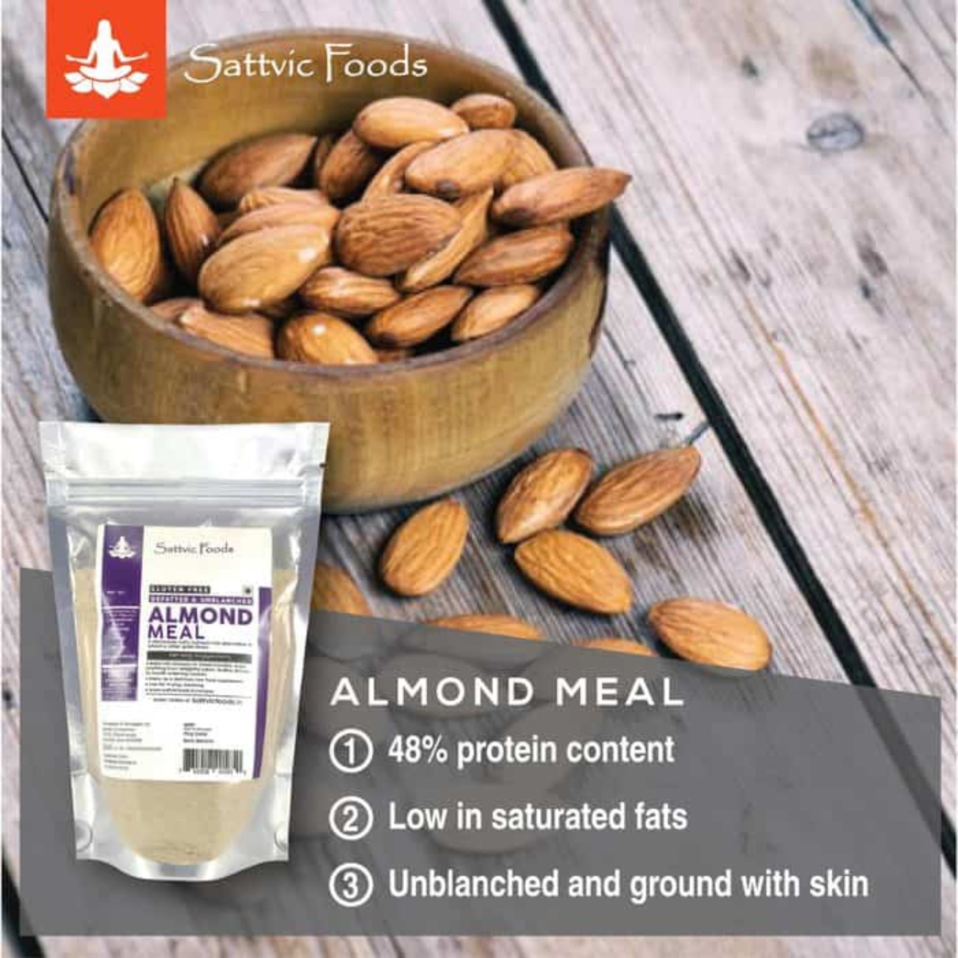 Almond Meal (Defatted, Unblanched, Low Carb, Keto-Friendly, Gluten Free) Sattvic Foods