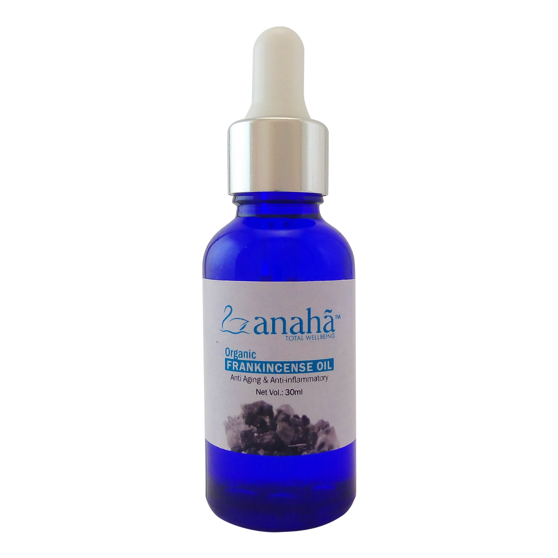 Anaha frankincense oil in a glass bottle with a dropper