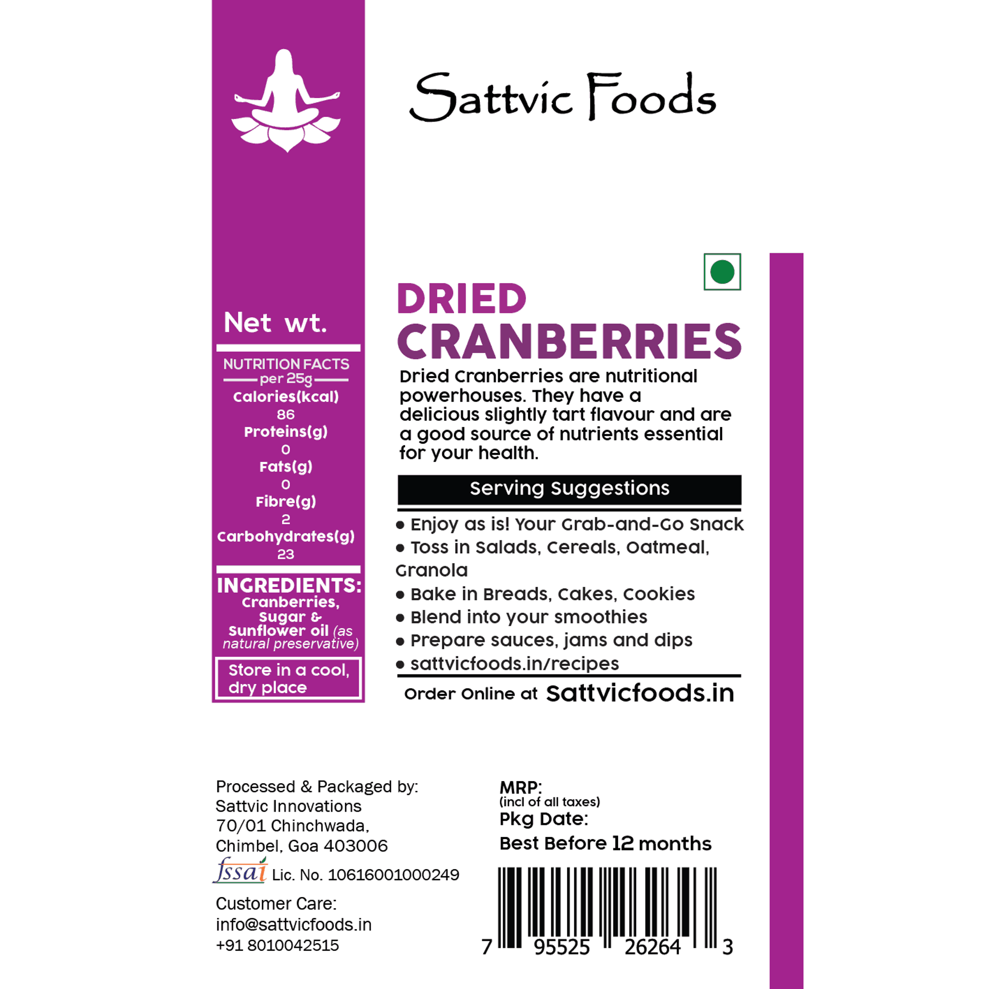 Dried Cranberries (from Canada) Sattvic Foods