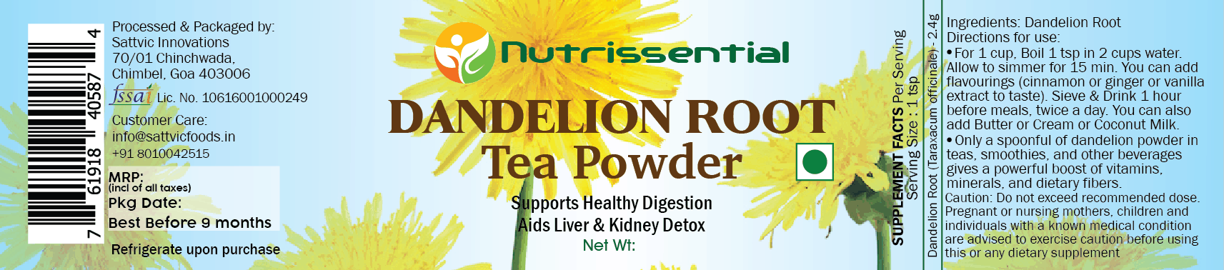 Dandelion Root Tea Powder - Label