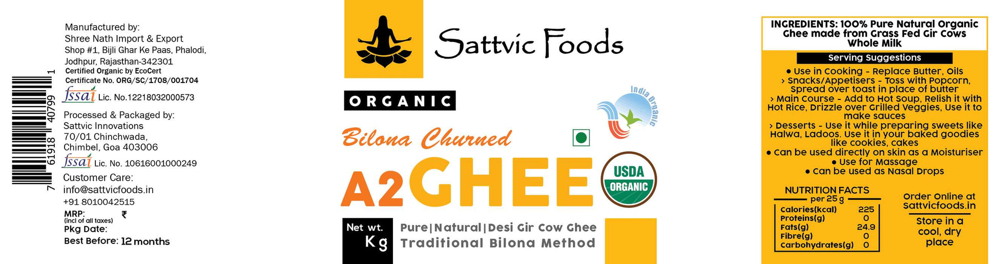 Organic A2 Desi Gir Cow Ghee (Traditional Bilona Method) Sattvic Foods