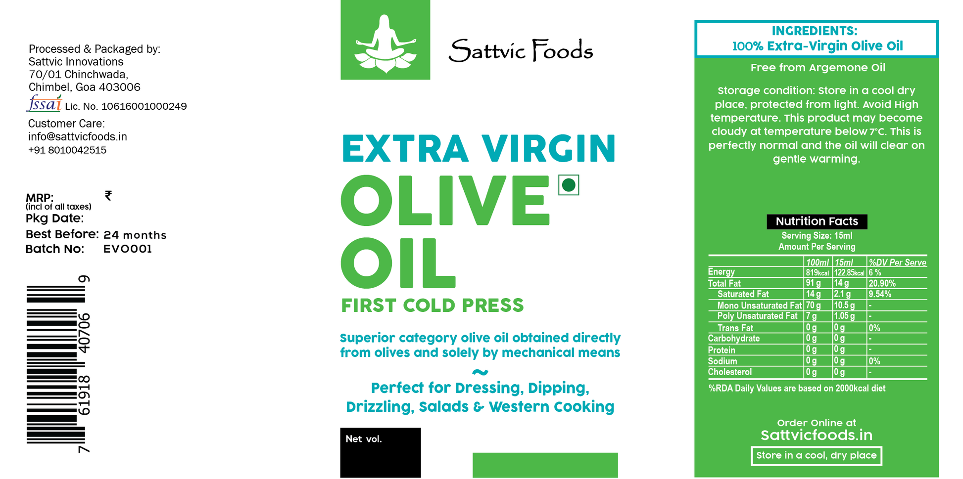 Olive Oil - Sattvic Foods - Label
