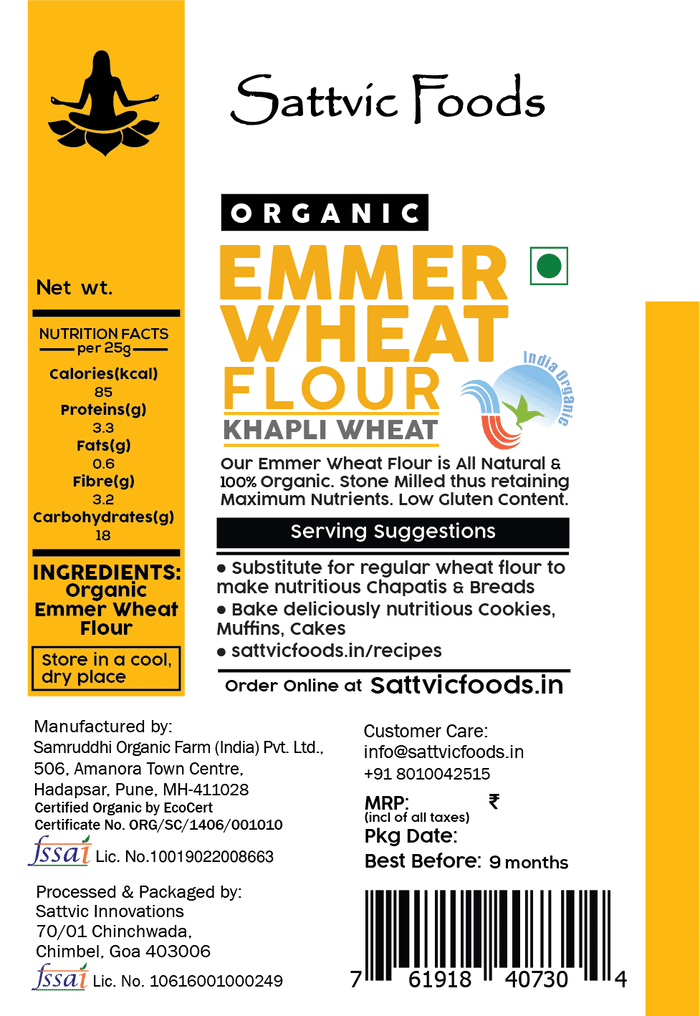 Emmer Wheat Flour / Khapli Atta (Certified Organic) Sattvic Foods